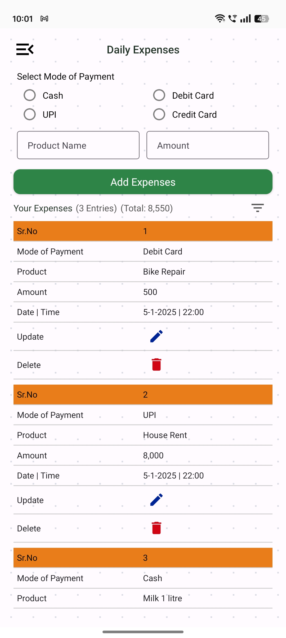 Add Expenses screen of Daily Expenses