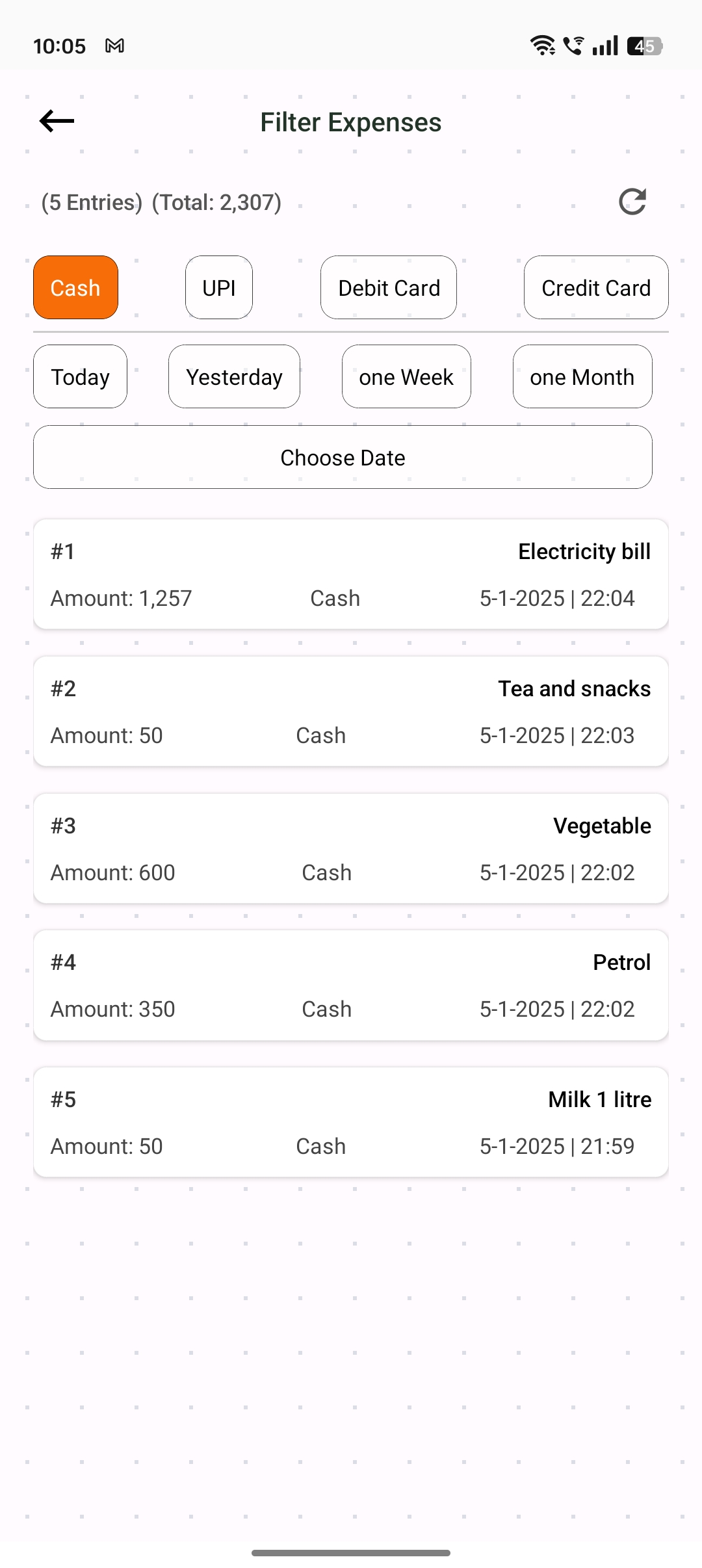 Filter Expenses screen of Daily Expenses